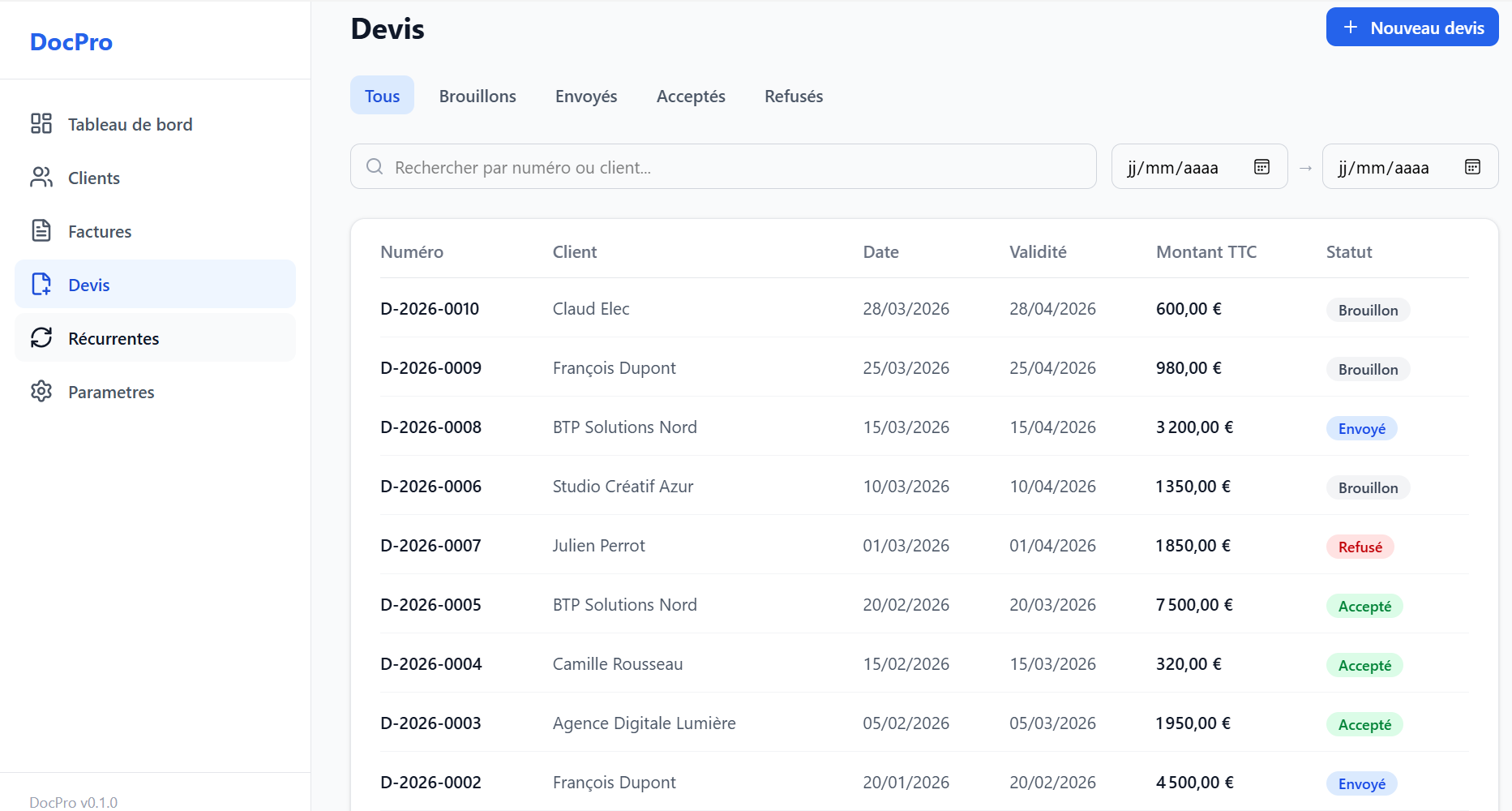Liste des devis DocPro