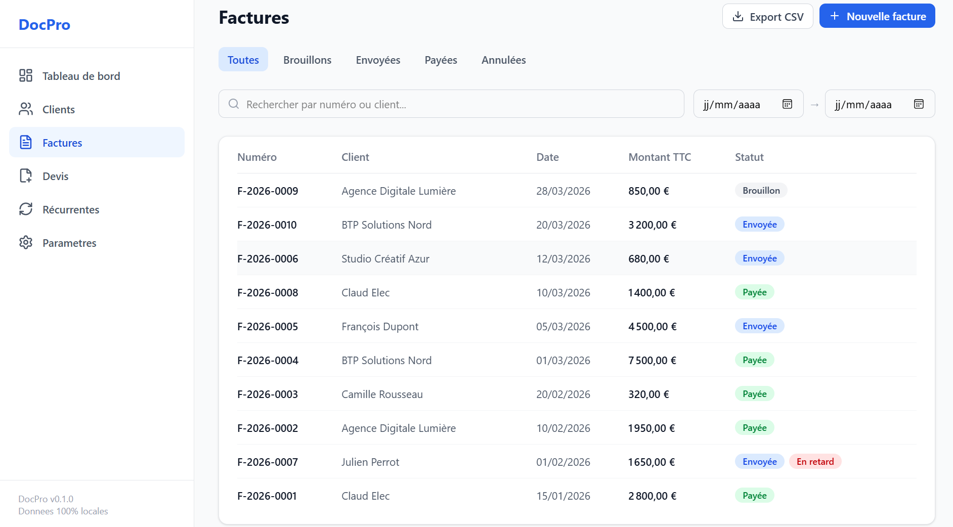 Liste des factures DocPro